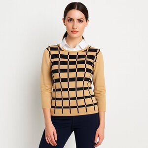 VALENTI VTG Designer Academia Windowpane Scoop Neck Camel/Black Knit Top Size XL